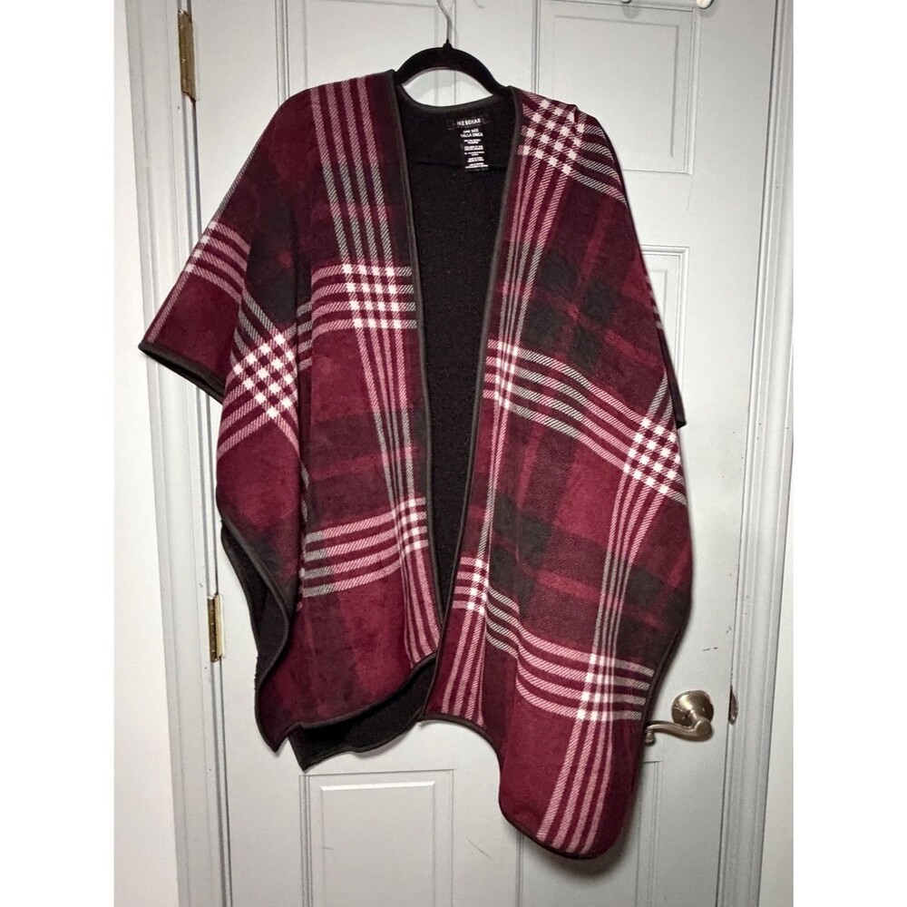 Ike Behar Burgundy, Black & White Plaid Poncho
